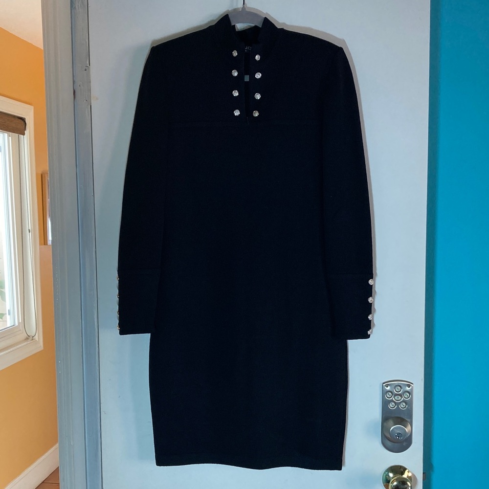 St. John Evening Basics Black Knit Dress Size M /8 with Silvertone Buttons - Picture 2 of 12
